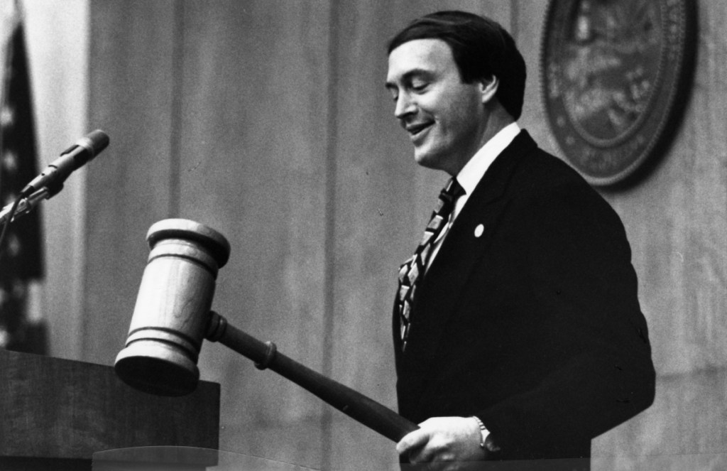 House Speaker Bo Johnson with an oversized gavel. (Image courtesy of the Donn Dughi Collection, State Archives of Florida)