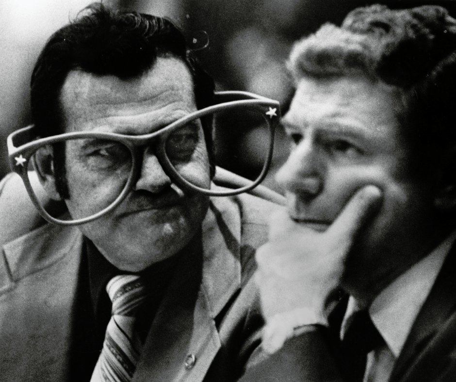 Representative Larry Shackelford wearing a large pair of glasses. (Image courtesy of the Donn Dughi Collection, State Archives of Florida)