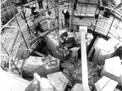 The Legislative Building dome during repair work, circa 1949 (Image courtesy of the General Subjects Photograph Collection, Washington State Archives)