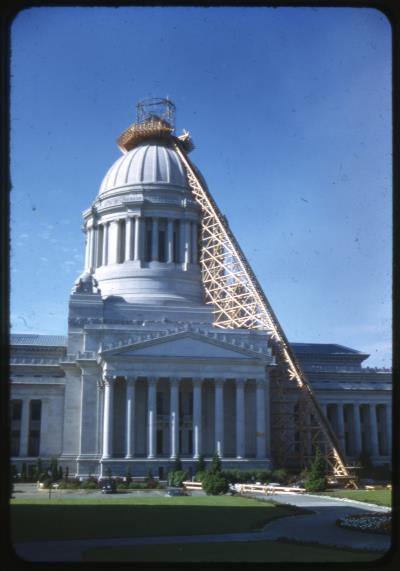 The incline railroad built during restoration work on the Legislative Building, circa 1949 (Image courtesy of the General Subjects Photograph Collection, Washington State Archives)